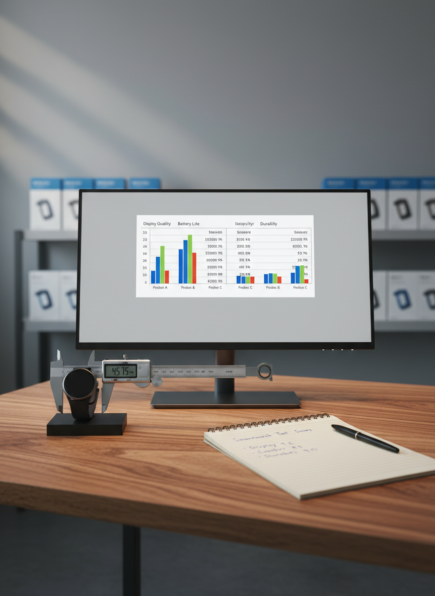 A polished wooden desk with a subtle grain pattern holds a neatly organized product testing setup: a high-resolution 4K monitor displaying a detailed comparison chart, a precision digital caliper measuring a metal smartwatch, and a lined notebook open to handwritten test scores. A neutral gray wall and blurred shelves of neatly boxed products form the background. Cool, diffused daylight from a large unseen window to the left combines with soft overhead studio lighting, creating even illumination and minimal glare. Captured at eye level with moderate depth of field, the scene feels analytical, calm, and methodical, evoking a professional product lab focused on accuracy and reliability in reviews.